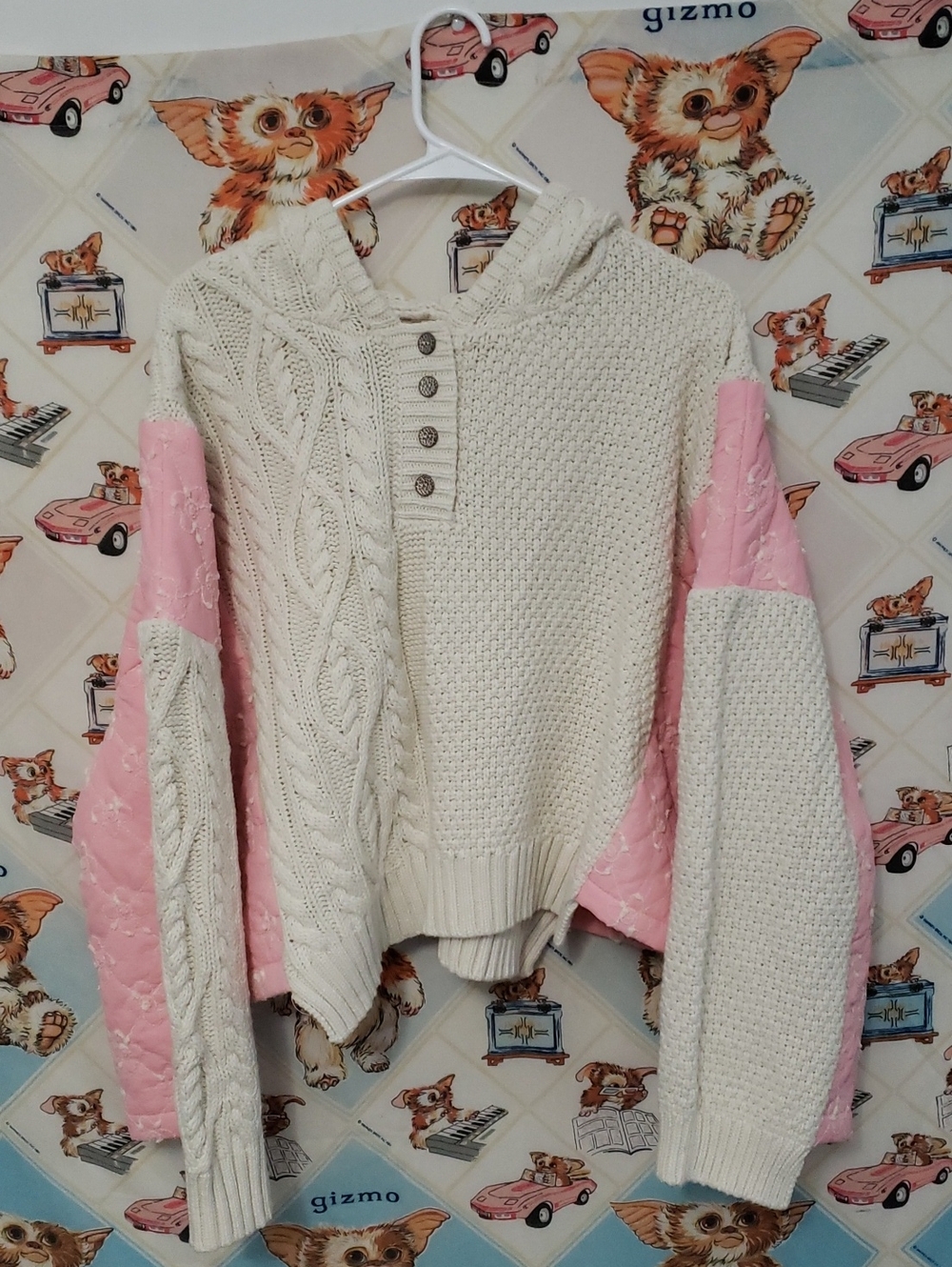Pink Blossom Quilted Knit Oversized Hoodie Sweater L POL